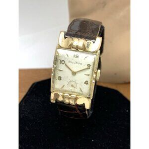 Bulova Watch Vintage 1953 8AC Mechanical Tank 10k Rolled Gold Brown Leather Band